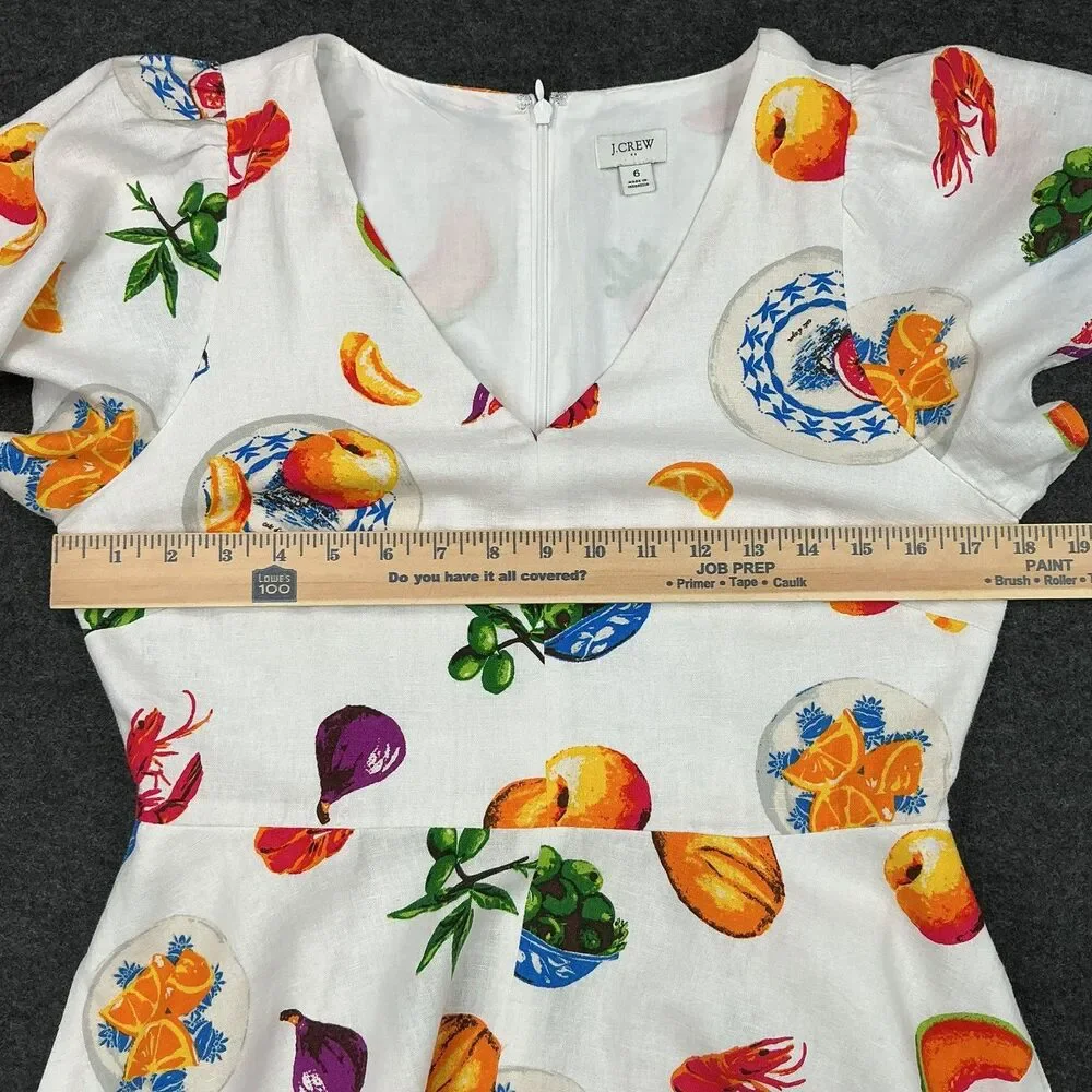 J.Crew Fruit Print Dress Size 6 Linen Blend Quirky Fit Flare Resort Teacher Twee